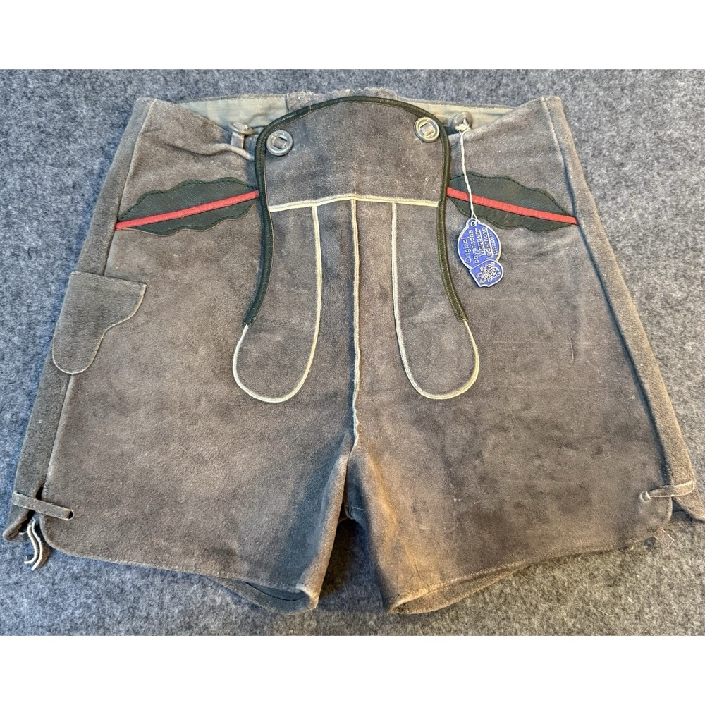 Vintage NOS Youth Grey Suede Lederhosen Trim German Trachten Shorts Boys 10